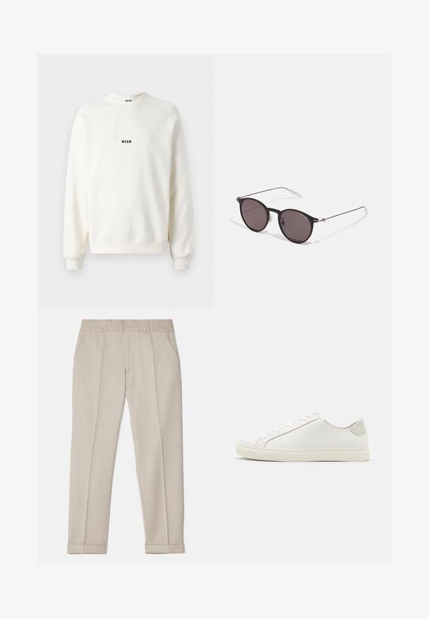 Cremefarvet sweatshirt med rund halsudskæring, ribstrikkede ærmer og kant. Har et lille sort "MSGM" logo på brystet. Glat tekstur.; Filippa K TERRY CROPPED TROUSERS - Bukser - sage melange; Hvide lædersneakers med en glat overflade, rund tå og minimalistisk design. Funktioner i beige nuancer på hælen og en gummisål.; Sorte runde solbriller med mørke linser og slanke metalarme. Inkluderer klare tempeltips og sølvdetaljer ved hængslet. Minimalistisk design.