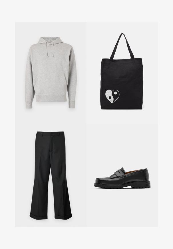 Šedá mikina s kapucňou vyrobená z mäkkej tkaniny obsahuje klokanie vrecko, sťahovaciu šnúrku a rebrované manžety a lem. Jednoduchý dizajn.; Čierne nohavice s širokými nohavicami a gombíkovým pásom, s manžetami na koncoch, vystavené na jednoduchom bielom pozadí.; Čierne kožené mokasíny majú vystúpený šev, dve dekoratívne pásky na vrchu a hrubú textúrovanú podrážku pre lepšiu priľnavosť.; Čierna taška z plátna s bielou grafikou srdca v tvare yin-yang. Dva pevné uchá pre jednoduché nosenie. Jednoduchý obdĺžnikový dizajn.