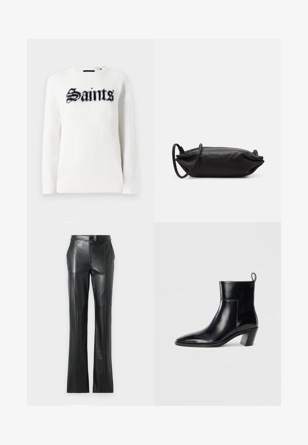 White sweater in plush fabric featuring a black "Saints" graphic on the front. Round neck, long sleeves, and ribbed hem detailing.; Black leather pants with a straight fit, high waistband, zip closure, and visible stitching details along the seams. Smooth texture.; Black leather ankle boot with a pointed toe, a geometric stacked heel, and a pull tab at the back. Smooth texture and sleek design.; Black leather clutch bag with a rectangular shape, smooth texture, thin shoulder strap, and minimalistic design.
