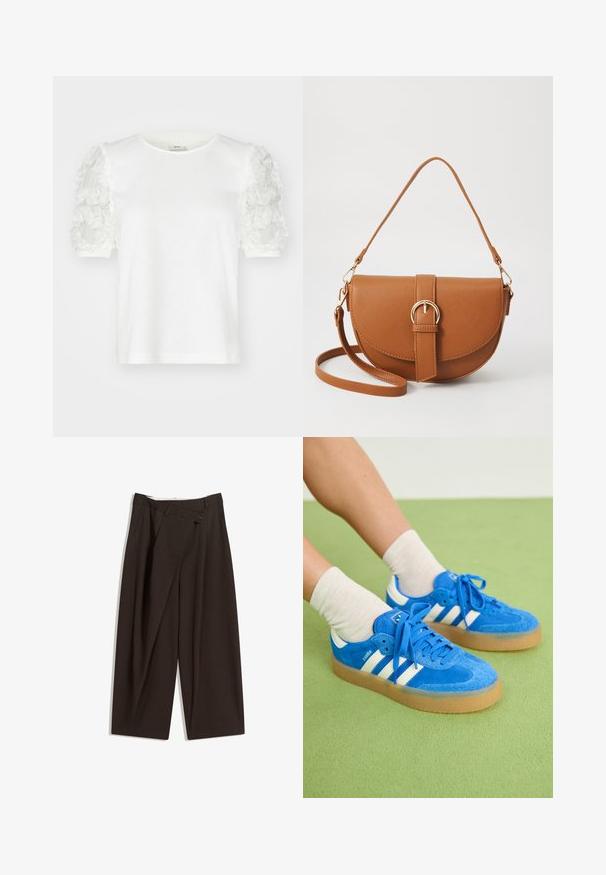 Tricou alb cu mânecă scurtă, cu detalii din aplicații florale pe mâneci, guler rotund și dintr-un material moale din bumbac.; Pantaloni largi de culoare maron închis, cu talie înaltă, având închiere cu un singur nasture și un față pliată. Confectionați dintr-un material ușor.; Tenisi albaștri din suede cu dungi albe, talpă din cauciuc, vârf rotund și șireturi din material. Asortați cu șosete crem pe o suprafață verde.; Geantă din piele maro, tip crossbody, cu o formă curbată, accesorii aurii și un accent cu cataramă. Dispune de un curea de umăr detașabilă.