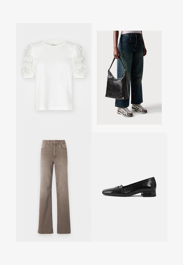 Balta trumpa rankovėmis marškinėliai su gėlių aplikacijomis ant rankovių, apvaliu iškirpimu ir minkšta medvilnės medžiaga.; Rudos aukšto liemens tiesios kojos džinsai su priekyje esančiu mygtuku, dirželio kilpomis ir klasikiniu penkių kišenių dizainu baltoje fone.; Juoda patentinė oda baleto bateliai su smailiu priekiu, žemu kvadratiniu kulnu ir maža metaline sagtimi ant juostos. Lygus paviršius.; Juodas odinis peties krepšys su lygiu paviršiumi ir reguliuojama dirželiu, derinamas su nublukusiais plačiapurčiais džinsais ir sportiniais batais.