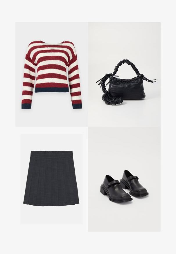 Nertos megztinis su horizontaliais raudonais ir baltais dryžiais, su trumpu dizainu ir tamsiai mėlynomis apykaklėmis apačioje ir rankovėse.; Tamsiai pilka klostuota sijonas su elastinga juosta, pasižymintis tekstūruotu audiniu ir klasikinė A formos siluetu. Tinka kasdieniam dėvėjimui.; Juodos odinės bateliai su apvaliu priekiu, plokščiu padu ir dirželiu su sagtimi. Didelis blokinis kulnas, užtikrinantis papildomą stabilumą.; Juodas dirbtinės odos rankinė su krokodilo tekstūra, sušnibždinta viršuje ir susikraipytu dirželiu. Atrodo minkšta ir kompaktiška.