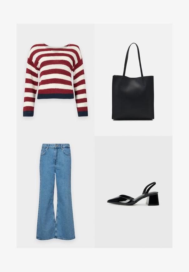 Hæklet sweater med horisontale røde og hvide striber, prydet med et cropped design og marineblå kant langs bunden og ærmerne.; Lysblå flagrende jeans lavet af denim, med høj talje, fem lommer og en enkelt knaplukning. Blød tekstur med en falmet finish.; Sorte patentlæder slingback hæle med spids tå og en geometrisk blok hæl. Har et elegant, minimalistisk design og en glat tekstur.; Sort læder tote taske med glat tekstur, rektangulær form og to lange hanke. Ingen synlig hardware eller udsmykninger.