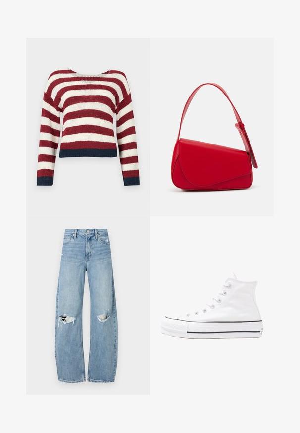 Pull en crochet avec des rayures horizontales rouges et blanches, arborant un design court et un ourlet bleu marine en bas et aux manches.; Jeans en denim bleu clair à taille haute. Présentent des jambes larges, deux zones déchirées aux genoux et un style classique à cinq poches.; Baskets montantes en toile blanche avec semelle en caoutchouc noir, capuchon en caoutchouc à l'avant, et six œillets pour les lacets, présentant un design épuré et minimaliste.; Sac à main en cuir rouge avec un design angulaire et géométrique. Il dispose d'une seule sangle ajustable et d'une fermeture à rabat avec un detailing cousu.