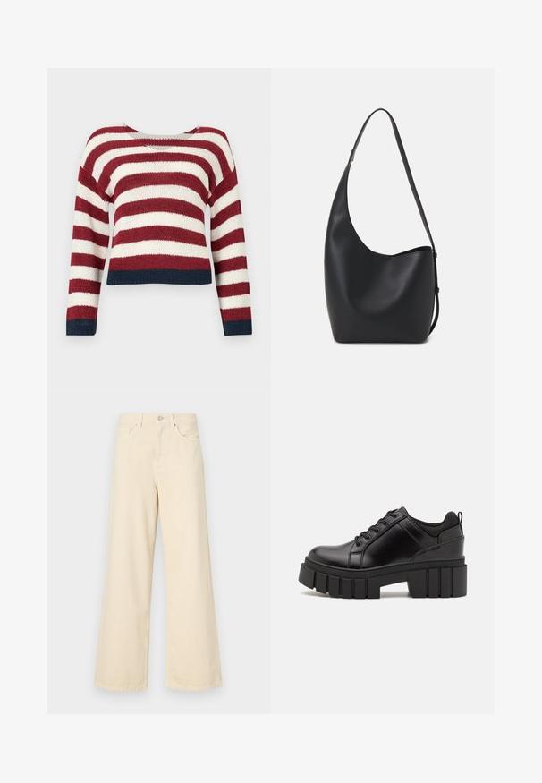 Gehaakte trui met horizontale rode en witte strepen, met een cropped ontwerp en marineblauwe afwerking langs de onderkant en mouwen.; Beige wijde jeans gemaakt van katoen. Voorzien van een knoopsluiting, riemlussen en voorzakken met een gladde, zachte textuur.; Zwarte leren platform schoenen met een stevige blokhak, ronde neus en een traditionele vetersluiting. Kenmerkt zich door een gladde textuur en minimale details.; Zwarte leren hobo tas met een gladde textuur, kromme vorm en een enkele verstelbare schouderband; heeft een brede opening aan de bovenkant.