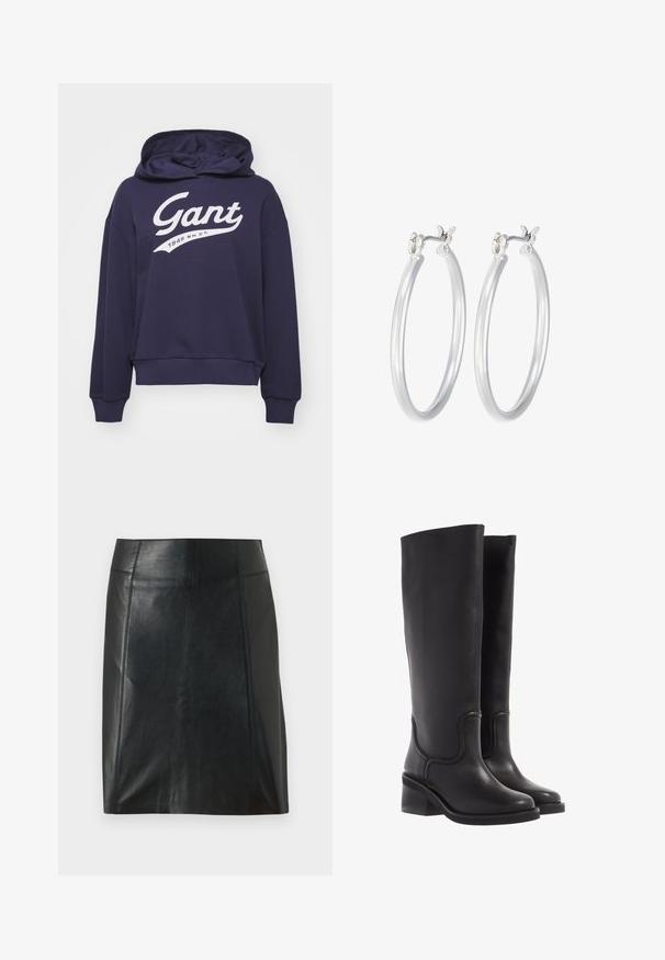 Marineblaues Pullover-Hoodie aus Baumwollmischung, mit einem großen weißen "Gant"-Logo und dem Text "1949 N.H.C.T." in geschwungener Schrift.; Schwarzer Lederrock mit taillierter Passform. Glatte Textur, Nähte, die die Form betonen, und ein gerader Saum. Minimalistische und elegante Optik.; Schwarze Lederstiefel bis zum Knie mit glatter Textur, abgerundeter Spitze und klobigem Absatz. Mit dezenten Nähten und einem schlanken Design.; Silberne Creolen mit einer glatten, polierten Oberfläche. Runder Form und sicherem Klickverschluss. Leichtes Design, geeignet für den täglichen Gebrauch.