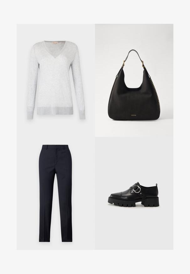 Light grey long-sleeve sweater with a V-neck, soft texture, and ribbed cuffs and hem. Subtle heather pattern throughout the fabric.; Navy tailored trousers with a straight cut, featuring a smooth texture, two front pockets, and a clean waistband.; Black leather shoes with a chunky, ribbed sole, featuring a circular silver hardware accent and minimal stitching detail.; MICHAEL Michael Kors NOLITA HOBO  - Handbag - black