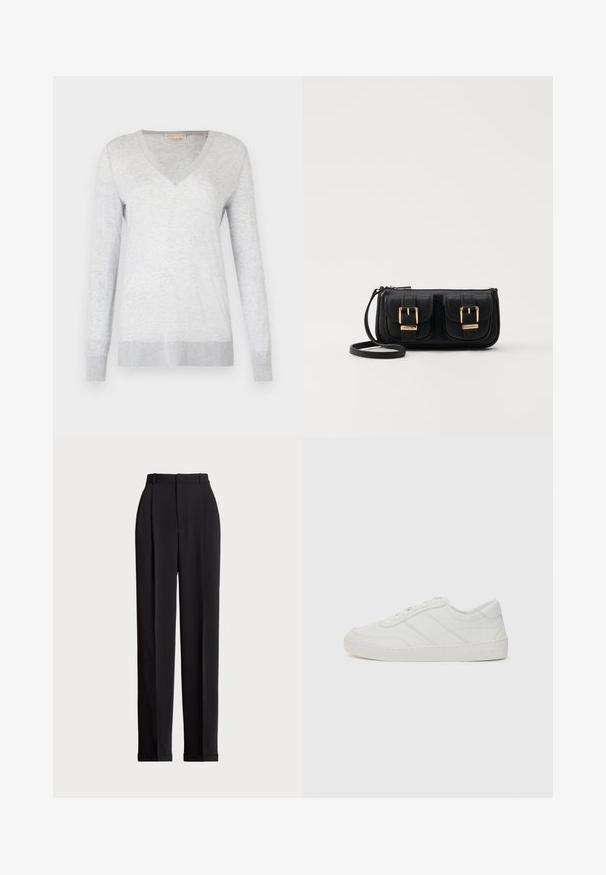 Suéter de manga larga gris claro con cuello en V, textura suave y puños y dobladillo acanalados. Patrón jaspeado sutil en toda la tela.; Pantalones negros a medida con una cintura alta, que cuentan con pliegues en la parte delantera, un diseño de pierna recta y dobladillo con vuelta. Fabricados con un tejido suave.; Zapatilla blanca de cuero con cordones planos, puntera redondeada y detalles de costura sutiles. Presenta una suela texturizada y un logotipo de la marca en relieve en el talón.; Bolso cruzado de cuero negro con dos bolsillos frontales, hebillas doradas, cierre de cremallera y una correa delgada. Superficie texturizada y forma rectangular compacta.