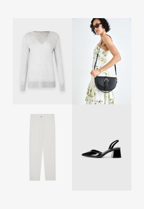 Jasnoszary sweter z długim rękawem, z dekoltem w serek, o miękkiej fakturze i prążkowanych mankietach oraz dolnym wykończeniu. Subtelny melanżowy wzór na całej tkaninie.; Białe, dopasowane spodnie z prostymi nogawkami, posiadające zapięcie na guzik, szlufki na pasek oraz kieszenie boczne; gładka tekstura materiału.; Czarne lakierowane półbuty na obcasie z wydłużonym noskiem i geometrycznym słupkiem. Charakteryzują się eleganckim, minimalistycznym designem oraz gładką fakturą.; Czarna skórzana torebka o zakrzywionym kształcie, z odpinanym paskiem i złotymi akcentami. Torebka posiada klapę z zapięciem w kształcie klamry.