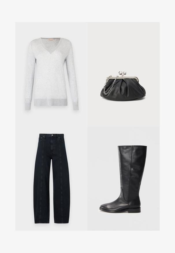 Vaaleanharmaa pitkähihainen neulepaita, jossa on V-kaula-aukko, pehmeä tekstuuri sekä resorit hihansuissa ja helmassa. Kankaan läpi kulkee hienovarainen heather-kuvio.; Korkeavyötäröiset, tummansiniset leveälahkeiset farkut, joissa on kontrastiväriset saumat ja klassinen viiden taskun malli. Sileä pinta, ei näkyviä kuvioita.; Mustat polvipituiset nahkasaappaat, joissa on matala korko ja pyöristetty kärki, esittelee ompeluyksityiskohtia varressa ja vaaleasti.; Mustan nahkainen clutch, jossa on rypistetty rakenne, hopeanvärinen metallikehys, suukko-lukko ja ketjuhihna. Sileä, pehmeä pinta.