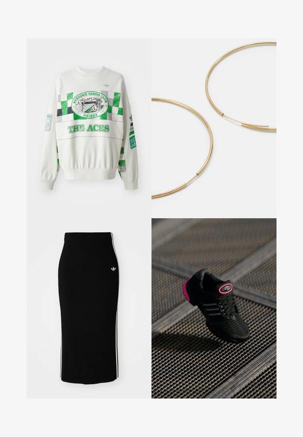 Bela dukserica s kapuljačom, ki ima zeleno in sivo šahovnico ter napis "RITETOWN TENNIS CLUB" in "THE ACES" na sprednji strani. Elastični zap wrist.; Črna rebrasta midi krila s prilegajočim dizajnom, ki ima bele stranske črte in mali bel emblem na levi strani.; Črne atletske čevlje z mrežasto zgornjšo plastjo, rožnate akcenti in črne črtaste podrobnosti. Imajo teksturiran podplat in oznako z logotipom na peti.; Zlate obroče ušesne uhane, tanke in krožne oblike, z gladko kovinsko površino brez okrasnih elementov ali vzorcev.