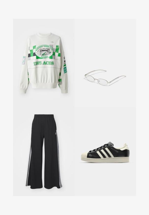 Sweatshirt alb cu design în stil tablă de șah verde și gri, etichetă "RITETOWN TENNIS CLUB" și textul "THE ACES" pe față. Manșete elastice.; Pantaloni de trening negri cu croială largă, prevăzuți cu un brâu elastic, având dungi laterale albe și un logo brodat pe coapsa stângă.; Sneaker din piele neagră cu dungi albe, vârf din cauciuc, șireturi negre și talpă de culoare crem. Textură netedă cu finisaj strălucitor.; Ochelari ovali cu o ramă metalică argintie, lentile clare și accente texturate cu mărgele pe brațe. Design ușor cu brațe curbate.