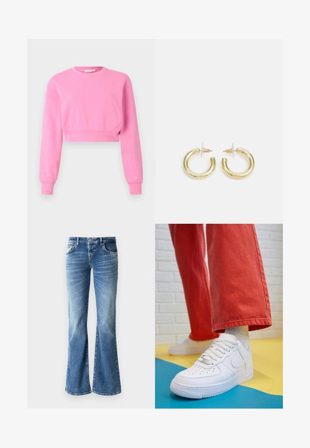 Felpa corta rosa con maniche lunghe, scollatura rotonda e polsini a costine. Realizzata in un morbido mix di cotone con una trama liscia.; Jeans svasati in denim azzurro chiaro con un lavaggio sbiadito, cinque tasche, dettagli cuciti e chiusura con zip e bottone.; Sneaker bianco in pelle con punta perforata, suola testurizzata e lacci bianchi, abbinati a pantaloni rossi larghi e uno sfondo blu e giallo.; Orecchini a cerchio in oro con una finitura liscia e lucida. Design circolare con un piccolo perno e una chiusura trasparente per un indosso sicuro.