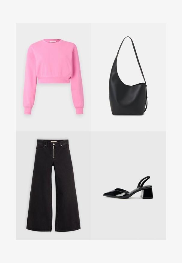 Rózsaszín, rövidített pulóver hosszú ujjakkal, kerek nyakkal és bordás mandzsettával. Puha pamut keverékből készült, sima textúrával.; Fekete denim széles szárú farmer, cipzáros elejével, öt zsebes kialakítással és diszkrét varrással. Sima textúra és laza stílus.; Fekete lakk bőr szandálkés magas sarkú cipő, hegyes orral és geometrikus tömbsarkakkal. Karcsú, minimalista dizájn és sima textúra jellemzi.; Fekete bőr hobo táska sima textúrával, ívelt formával és egyetlen állítható pánttal; széles nyílás található a tetején.