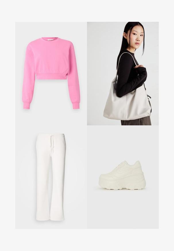 Sweatshirt cropped rosa com mangas longas, decote redondo e punhos canelados. Feito de uma mistura suave de algodão com uma textura lisa.; Calças de fato brancas, de corte descontraído, feitas de um tecido macio, com um cós elástico e um cordão de ajuste, apresentando um design de pernas retas.; Tênis brancos de plataforma com um cabedal suave semelhante a couro, formato arredondado, colarinho acolchoado e sola de borracha texturizada com ranhuras bem definidas.; Uma bolsa bege feita de material macio, com um design descontraído, detalhes de costura e duas alças para o ombro. Adequada para uso diário.