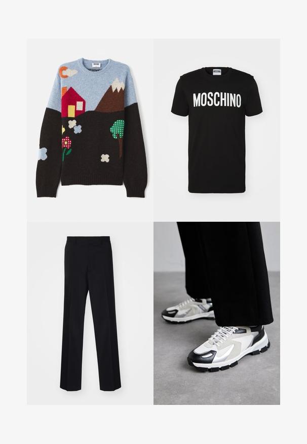 Knit sweater featuring a blue top, black base, and colorful patterns of a house, mountains, flowers, and clouds in various colors and textures.; Black cotton t-shirt featuring bold white "MOSCHINO" text across the front; crew neck and short sleeves. Simple design, classic fit.; Black tailored trousers with a wide-leg design, featuring a smooth texture and sharp creases, made from a woven fabric.; MOSCHINO UOMO - Trainers - bianco/nero/argento