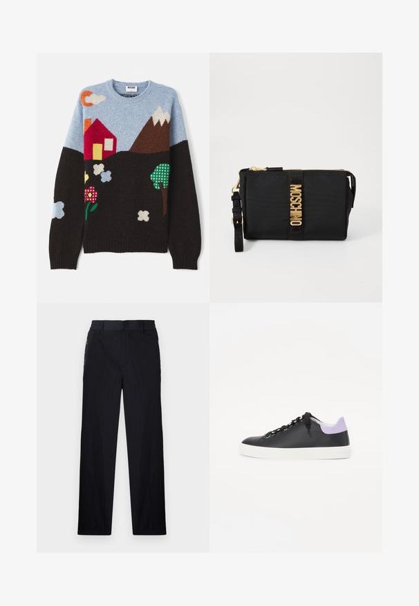 Suéter de punto con un top azul, base negra y patrones coloridos de una casa, montañas, flores y nubes en varios colores y texturas.; Pantalones negros con una tela ligera y texturizada, diseño de pierna recta, cinturilla elástica y bolsillos laterales con cremallera.; Zapatilla de cuero negra con suela de goma blanca, con cordones negros, ojales plateados y un acento morado claro en el talón.; Clutch de nylon negro con herrajes dorados, que presenta una franja central con el logo. Incluye una correa detachable y cierre con cremallera para un uso seguro.