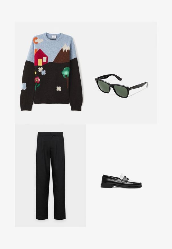 Nertinis megztinis su mėlynu viršumi, juodu pagrindu ir įvairiaspalvėmis raštais, vaizduojančiais namą, kalnus, gėles ir debesis įvairiomis spalvomis ir tekstūromis.; Juodi kelnių modeliai, pagaminti iš lygios medžiagos, turi tiesią kojas, du priekiniai klostės ir standartinę juosmenį su diržo kilpomis.; Juodos ir baltos odinės loafer tipo bateliai su blizgiu paviršiumi, plokščiu padu, siuvinėtais akcentais ir dekoratyvia juosta per viršų.; Juodi plastikiniai saulės akiniai su žaliais objektyvais, kvadratiniais rėmeliais, sidabriniu akcentu ant antakio ir tekstūruotais šventyklų šakutėmis. Vidinėje šakutėje nurodyta prekės ženklo pavadinimas.