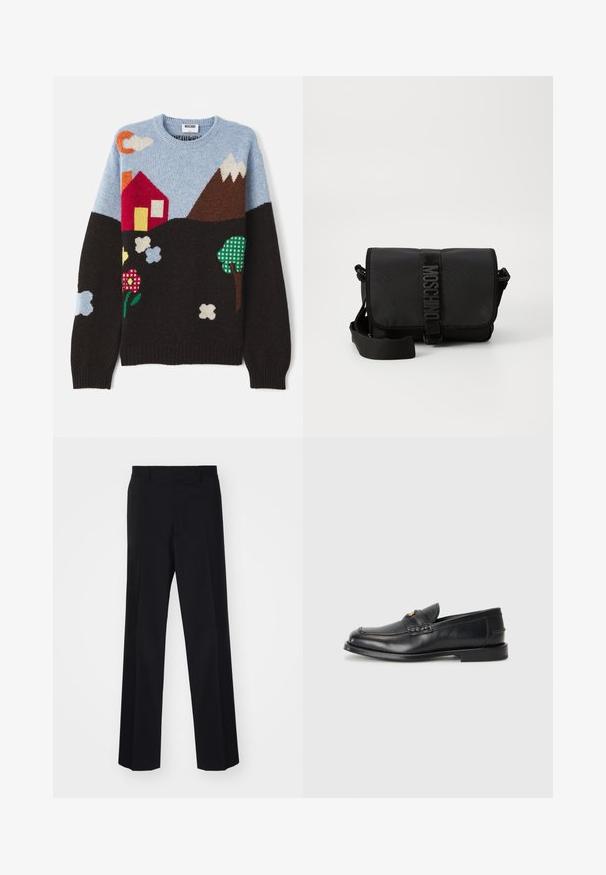 Maglione a maglia con un top blu, base nera e motivi colorati di una casa, montagne, fiori e nuvole in vari colori e trame.; Pantaloni neri su misura con un design a gamba larga, caratterizzati da una texture liscia e pieghe nette, realizzati in un tessuto tessuto.; Mocassini in pelle nera con punta rotonda, dettagli cuciti e una piccola accentuazione dorata sul davanti. La suola è piatta e discreta.; Borsa a tracolla nera in nylon con patta, dotata di un evidente sistema di chiusura con cintura logo, tracolla regolabile e dettagli di cucitura laterale.