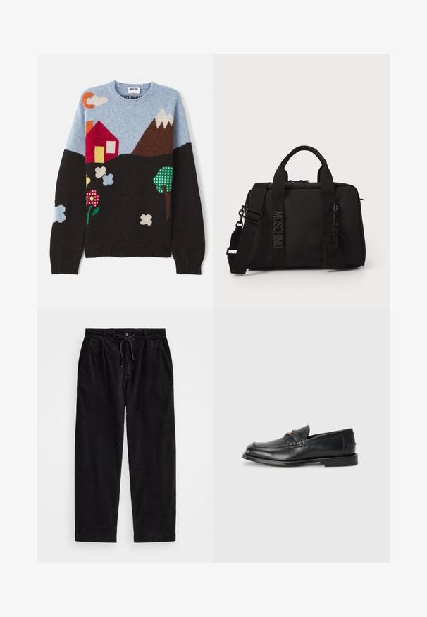 Knit sweater featuring a blue top, black base, and colorful patterns of a house, mountains, flowers, and clouds in various colors and textures.; Black corduroy pants with a relaxed fit, featuring an elastic waistband with a drawstring, and side pockets. Fabric shows ribbed texture.; Black leather loafers feature a rounded toe, stitched detailing, and a small gold accent on the front. The sole is flat and discreet.; Black textile bag with dual handles and detachable shoulder strap. Features embossed logo and leather tag. Smooth texture, rectangular shape.