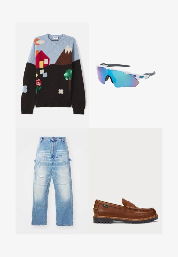 Pull en tricot avec un haut bleu, une base noire et des motifs colorés représentant une maison, des montagnes, des fleurs et des nuages dans différentes couleurs et textures.; Pantalons en denim bleu clair à coupe ample, dotés de plusieurs poches, de détails abîmés et d'une finition délavée. Design à jambes droites.; Loafer en cuir marron avec des surpiqûres décoratives et une texture au niveau de la pointe. La semelle présente un design robuste, offrant adhérence et durabilité.; Lunettes de soleil avec une monture blanche, des accents gris et des verres miroitants bleus. Design sportif, forme enveloppante et plaquettes de nez réglables.