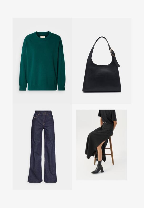 GANT C-NECK - Strickpullover - deep forest; Dunkelblaue weite Jeans aus Denimstoff mit hoher Taille, ausgestattet mit orangefarbenen Nähten, fünf Taschen und einem Knopfverschluss.; Schwarzer Leinen-Maxi-Rock mit hohem Schlitz, getragen mit einem schwarzen T-Shirt und schwarzen Knöchelstiefeln. Minimalistisches Design mit lockerer Passform.; Schwarze Leder-Tote mit glatter Textur, runder Form und einem einzigen Schulterriemen, der mit einem runden goldenen Hardware-Akzent verziert ist.