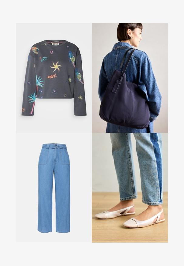 Scotch & Soda BOXY FIT - Sweater - antra; Lichtblauwe denim broek met wijde pijpen, een ceintuur in de taille, twee voorzakken en een effen structuur. Heeft een minimalistisch ontwerp en strakke lijnen.; Zachtroze slingback ballerina's met een spitse neus, gemaakt van een glad leerachtig materiaal. Bevat uitsnijdingen aan de zijkanten en heeft een platte hak.; Marine canvas schoudertas met een zachte, gestructureerde vorm, voorzien van een zwarte strap, gestikte details en een klein merketiket.