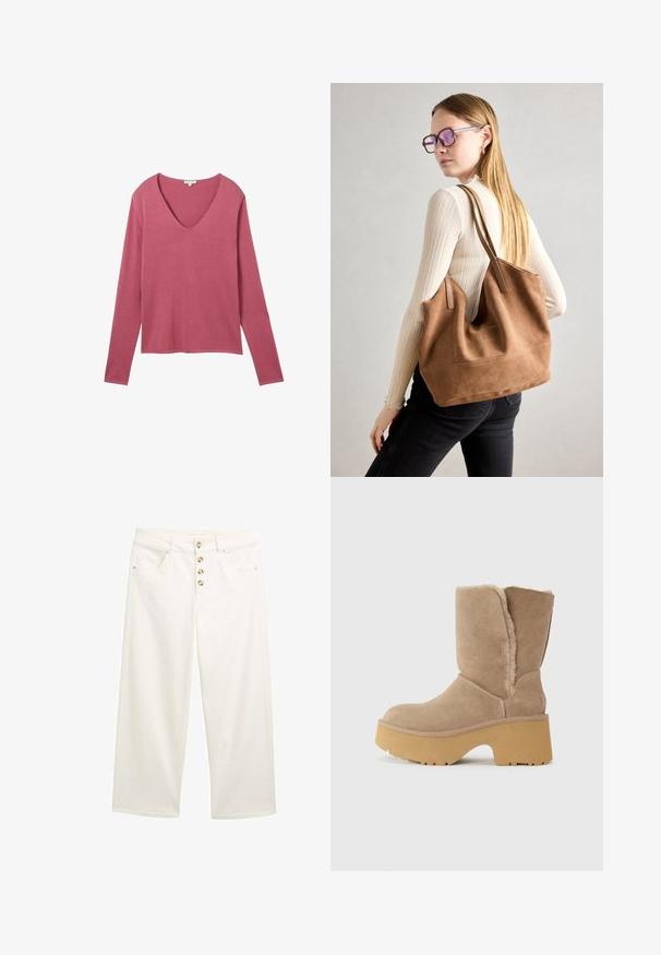 Majica z dolgimi rokavi iz mehke roza tkanine z V-izrezom. Ima sproščen kroj in gladko teksturo, primerna za plastenje ali samostojno nošenje.; Beli široki traper hlače z odločnimi gumbi, sprednjimi žepi in gladko teksturo. Naravne nogavice s čistimi robovi in subtilnimi šivi.; Bež nubuk škornji do sredine teleta z debelim rumenim podplatom, ki imajo mehko teksturirano podlogo in zaobljen oblikovan prst. Enoten zunanji površinski izgled.; Rjava semišna torba z mehko teksturo, velikim odprtjem in dolgimi ročaji. Ima preprost dizajn z vidnim šivanjem in brez okovja.