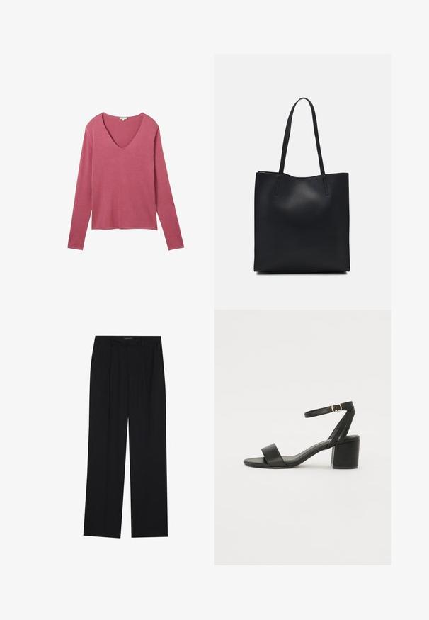 Långärmad topp i mjuk rosa tyg med V-ringning. Har en avslappnad passform och slät textur, lämplig för lager-på-lager eller att bära ensam.; Svarta byxor med rak passform, som har två framfickor och midjeband. Tillverkade av ett mjukt, lätt tyg.; Svart klacksandals med en slät läderöverdel, öppen tå, breda framremmar och justerbart ankelband med en guldfärgad spänne.; Svart lädertoffelväska med slät textur, rektangulär form och två långa handtag. Ingen synlig hårdvara eller dekorationer.