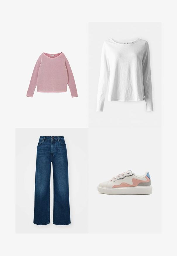 Maglione lungo a maniche lunghe di colore rosso con un motivo testurizzato e scollo rotondo. Presenta bordi a contrasto di colore rosa al colletto e ai polsini.; T-shirt bianco a maniche lunghe in tessuto morbido e leggero; presenta un collo rotondo e una vestibilità leggermente rilassata; etichetta visibile sul lato.; Jeans a vita alta e gamba larga in denim blu scuro con una texture liscia, cuciture a contrasto e design a cinque tasche. Chiusura frontale con bottone.; Sneaker basse con una tomaia in sintetico bianco, accenti in suede rosa e grigio, suola in gomma bianca texturizzata e lacci colorati.