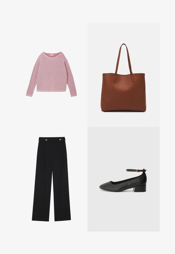 Suéter largo de punto rojo con un patrón texturizado y cuello redondo. Presenta ribetes en rosa contrastante en el collar y los puños.; Pantalones de pierna ancha negros con cintura alta, detalles de botones en la cinturilla y pliegues en la parte delantera.; Zapato de tacón negro de cuero con punta afilada y tacón bajo cuadrado. Presenta una correa para el tobillo con una hebilla en tono dorado. Textura suave.; Bolso tote de cuero marrón con una textura suave, diseño de apertura superior y dos correas para el hombro. Presenta una costura mínima y sin herrajes visibles.