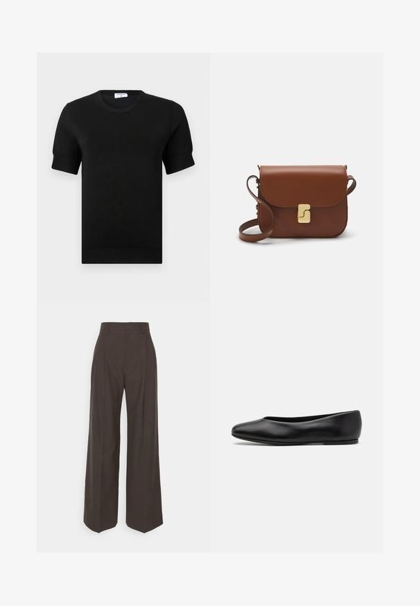 Top negro de manga corta tejido con cuello redondo. Presenta detalles sutiles acanalados en las mangas y el dobladillo, confeccionado con una tela suave.; Pantalones de pierna ancha de color marrón oscuro con cintura alta, que presentan pliegues bien marcados, una textura suave y un ajuste a medida.; Paul Smith TOPANGA - Bailarinas - black; Bolso de mano de cuero marrón con cierre de solapa, herrajes en tono dorado, correa para el hombro y una textura suave. Forma rectangular compacta.