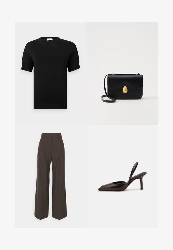 Juoda trumpomis rankovėmis megzta palaidinė su apvalia iškirpte. Rankovėse ir apačioje yra subtilūs ribsavimo akcentai, pagaminta iš lygaus audinio.; Tamsiai rudos platėjančios kelnės su aukštu liemeniu, pasižyminčios tvarkingai prispaustomis raukšlėmis, lygia tekstūra ir pritaikytu siluetu.; Ruda patentinė oda slingback aukštakulnė batų pora su smailiu pirštu ir plonu, aukštu kulnu. Pabrėžia elegantišką dizainą ir lygų paviršiaus tekstūrą.; Juodas odinis rankinukas su struktūrine stačiakampio forma. Yra auksinė ovali sagtis ir plona petneša. Glotni tekstūra.