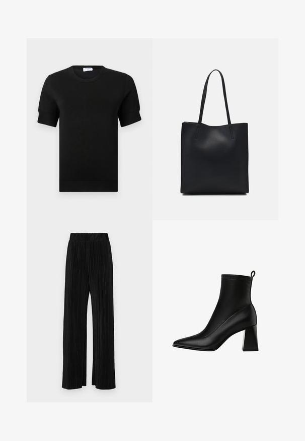 Čierny krátky rukáv, pletený top s okrúhlym výstrihom. Má jemné rebrované detaily na rukávoch a spodnom okraji, vyrobený z hladkej látky.; Čierne plisované nohavice s elastickým pásom. Majú široké nohavice a hladkú, textúrovanú látku s vertikálnymi pruhmi.; Stradivarius STRETCH - Klasické členkové čižmy - black; Čierna kožená taška na rameno s hladkým povrchom, obdĺžnikovým tvarom a dvoma dlhými uchami. Bez viditeľného kovania alebo ozdôb.