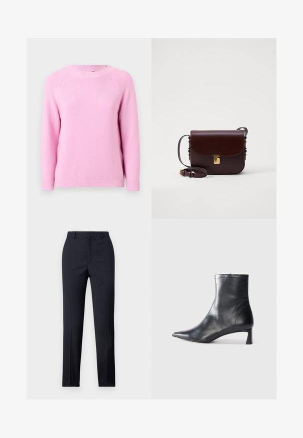 Lichtroze gebreide trui met een ronde halslijn, raglanmouwen en ribgebreide manchetten en zoom, voorzien van een textuurpatroon over de hele trui.; Marineblauwe, op maat gemaakte broek met een rechte snit, met een gladde textuur, twee zijzakken en een schone tailleband.; Zwarte leren enkellaars met een spitse neus en een slank ontwerp. Heeft een lage hak en een ritssluiting aan de achterkant. Gladde textuur.; Bruine leren tas met een klepsluiting, gouden accenten en een verstelbare schouderriem. Heeft een gladde textuur en een slanker rechthoekig ontwerp.