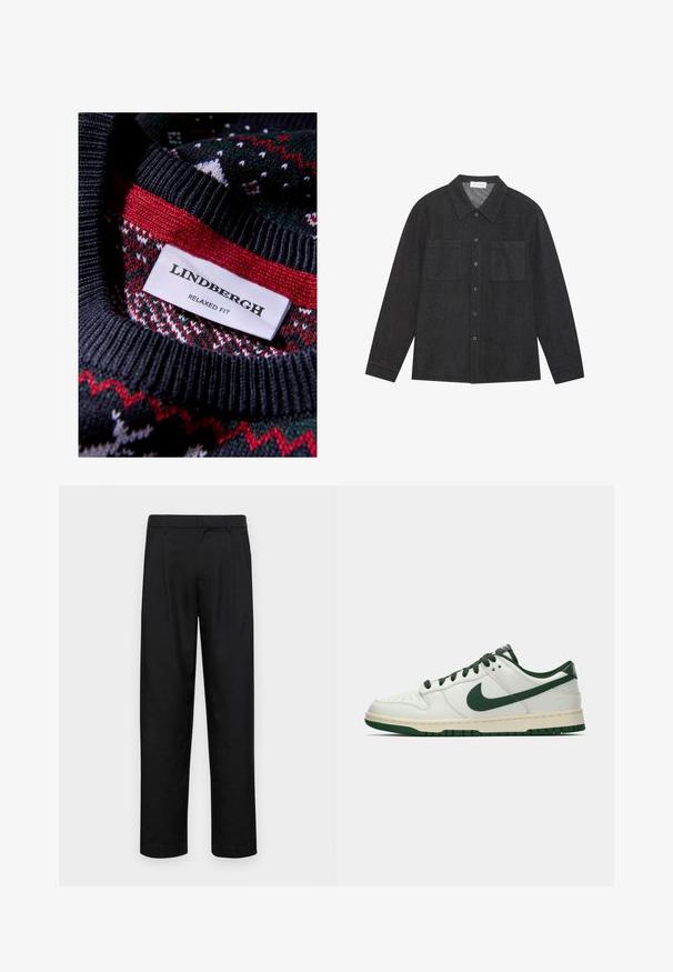 Μαύρο πλεκτό πουλόβερ με υφή και κόκκινες και πράσινες λεπτομέρειες. Η ετικέτα γράφει "LINDBERGH RELAXED FIT."; Σκοτεινό γκρι πουκάμισο από υφή υφάσματος, με κομψό γιακά, μπροστινά κουμπιά και δύο τσέπες στο στήθος. Μακριά μανίκια με κουμπωτούς καρπούς.; Μαύρο παντελόνι από λείο ύφασμα, με ίσια γραμμή, δύο μπροστινές πιέτες και κανονική μέση με θηλιές ζώνης.; Λευκό χαμηλό sneaker με σκούρο πράσινο σήμα Nike, κορδόνια και λεπτομέρειες στη σόλα, εμφανίζεται προφίλ σε λευκό απλό φόντο.