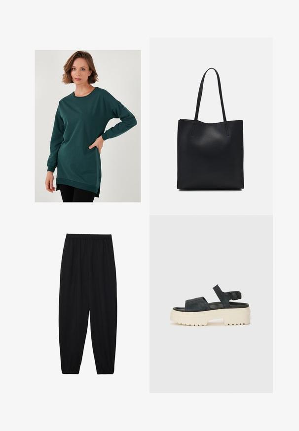 Tamnozeleni veliki dukserica s dugim rukavima, okruglim izrezom i bočnim prorezima na dnu. Izrađena od mekanog, rastezljivog materijala.; Crne, lagane hlače s elastičnom stražnjom pasicom i naboranim gležnjevima. Tkanina je glatka i ima opušteni, suženi dizajn.; Crne ante sandale na platformu s debelim bijelim potplatom, širokim prednjim remenom i podesivom kopčom za gležanj. Teksturirani potplat za bolju prionjivost.; Crna kožna torba za nošenje s glatkom teksturom, pravokutnim oblikom i dvije duge ručke. Nema vidljivih metalnih dijelova ili ukrasa.