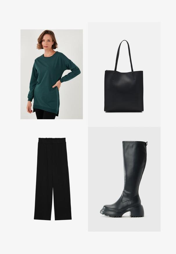 Sötétzöld, oversize pulóver hosszú ujjal, kerek nyakkivágással és oldalsó hasítékokkal az alján. Puha, rugalmas anyagból készült.; Fekete, bőszárú nadrág fodros derékrésszel, két oldalsó zsebbel és sima, könnyű anyagból. Nincsenek látható minták vagy fémalkatrészek.; Magas fekete bőrcipő, vastag platform talppal és blokk sarokkal, húzófüllel és texturált profillal az outsole-on.; Fekete bőrtáska sima felszínnel, téglalap alakú, két hosszú füllel. Nincs látható fémkiegészítő vagy díszítés.