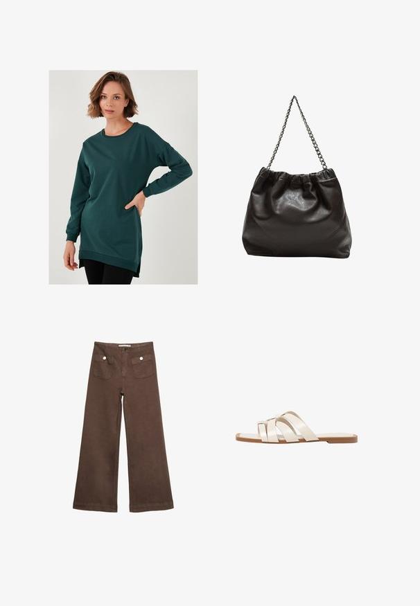 Mörkgrön oversize sweatshirt med långa ärmar, rund halsringning och sprund i fållen. Tillverkad av mjukt, stretchigt material.; Bruna vida byxor i bomull med två framfickor med silverknappar och en slät yta.; Platta sandaler med en brun gummisula, designade med tre överlappande vita läderspännen och en liten rosett i mitten.; Brun läderväska med rynkad topp och kedjesnodd. Slät textur med en blankslipad yta och subtila sömdetaljer på sidorna.