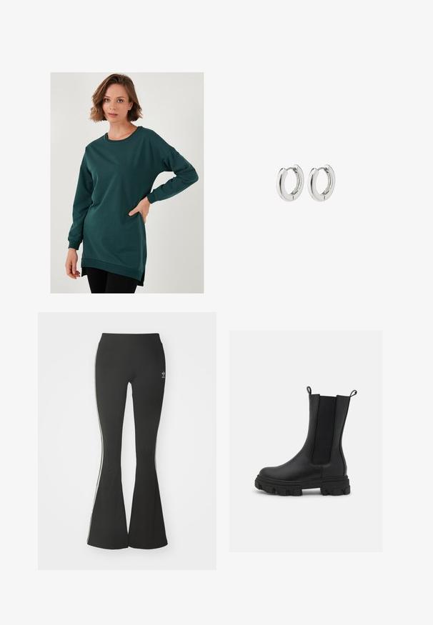 Tamnozeleni veliki dukserica s dugim rukavima, okruglim izrezom i bočnim prorezima na dnu. Izrađena od mekanog, rastezljivog materijala.; Crne flared tajice izrađene od rastezljivog materijala, s visokim pojasom i bijelim bočnim trakama. Sadrži mali logo na pojasu.; Crne Chelsea čizme od kože i elastične tkanine, s masivnim gumenenim đonom s izraženim uzorkom i rasklopnim trakama za jednostavno obuvanje.; Srebrne kružne naušnice s poliranim završetkom, koje imaju kružni dizajn i bešavne šarke, prikazujući glatku teksturu.