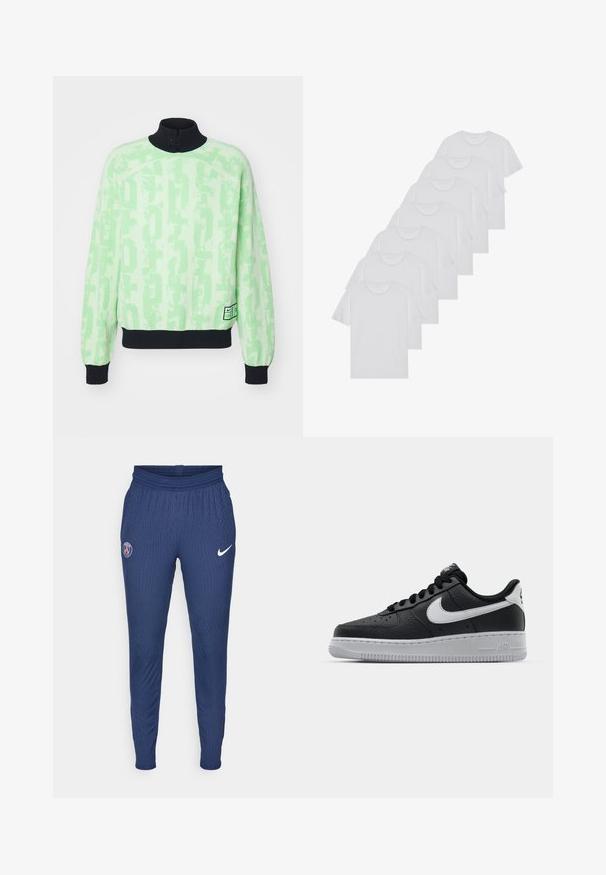 Light green knitted sweater with a black collar, featuring a textured logo pattern, ribbed cuffs, and a hemline with a small label.; White cotton T-shirts, short sleeves, crew neck design, plain texture, stacked in a row, with subtle branding at the neckline.; Navy athletic pants made of textured fabric featuring a Paris logo on the left thigh and a white Nike swoosh on the right.; Black leather sneaker with textured surface, white Nike swoosh, gray sole, round toe, and lace-up design. Features perforations on toe box.