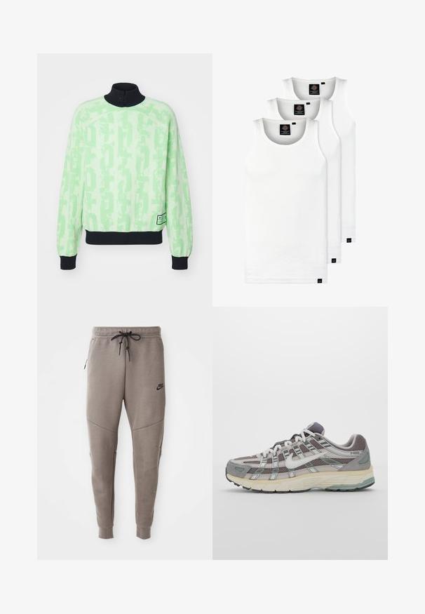 Lys grønn strikket genser med svart krage, med et teksturert logo-mønster, ribbede mansjetter og en nederkant med et lite merke.; Tre hvite ribbestrikkede tank topper laget av bomull. Har en rund hals og små svarte etiketter nær kanten. Tilgjengelig i flere størrelser.; Grå Nike joggebukser med snor i midjen, smale ben, sidelommer og distinkte sømdetaljer. Myk, teksturert stoff.; Grå treningssko med overdel i nett og semsket skinn, hvite detaljer, en polstret såle, og et særpreget design med reflekterende elementer.