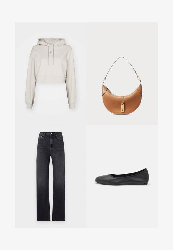 Izgriezta bežīga kapuce, izgatavota no mīksta auduma, ar aukliņu kapuci, garām piedurknēm un nelielu logo uzšuvumu uz krūtīm.; Gaiši zils krekliņš ar vertikālām baltām svītrām, garām piedurknēm, norādītu apkakli un pogātām aprocēm. Izgatavots no kokvilnas auduma ar gludu tekstūru.; Melni taisni džinsi, izgatavoti no denima, ar augstu jostasvietu, piecām kabatām un ar rāvējslēdzēja aizdari un pogu. Nedaudz izbalējusi krāsa.; Melna ādas baleta kurpe ar noapaļotu purngalu, gludu tekstūru, minimālu šuvju detalizāciju un elastīgu zoles dizainu.; Brūnas ādas rokassomi ar izliekta formu, zeltīta aparatūra un plāns plecu siksniņš. Aprīkota ar rāvējslēdzēja aizdari un logo detaļu uz priekšpuses.