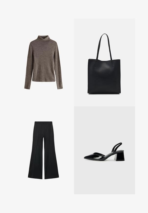 Brauner Rollkragenpullover aus weichem Strickstoff, mit langen Ärmeln und lockerem Schnitt. Texturierte Oberfläche mit minimalen Designdetails.; Schwarze weit geschnittene Hose mit glatter Textur, ausgestattet mit Frontfalten und einem taillierten Design. Der Stoff ist leicht und fließend.; Schwarze Lackleder-Slingback-High Heels mit spitzem Schuh und einem geometrischen Blockabsatz. Verfügt über ein schlankes, minimalistisches Design und eine glatte Textur.; Schwarze Laptoptasche aus Leder mit glatter Textur, rechteckiger Form und zwei langen Griffen. Keine sichtbaren Beschläge oder Verzierungen.