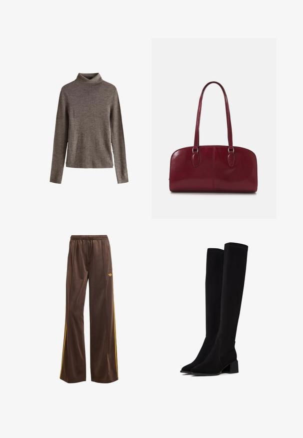 Brauner Rollkragenpullover aus weichem Strickstoff, mit langen Ärmeln und lockerem Schnitt. Texturierte Oberfläche mit minimalen Designdetails.; Braune Sporthosen mit lockerer Passform, ausgestattet mit gelben Seitenstreifen und einem elastischen Bund. Hergestellt aus glattem, leichtem Material.; Schwarze Overknee-Stiefel aus weichem, strukturiertem Material. Mit Blockabsatz, spitz zulaufender Zehenpartie und sichtbaren Nahtdetails.; Zign LEATHER - Handtasche - dark red