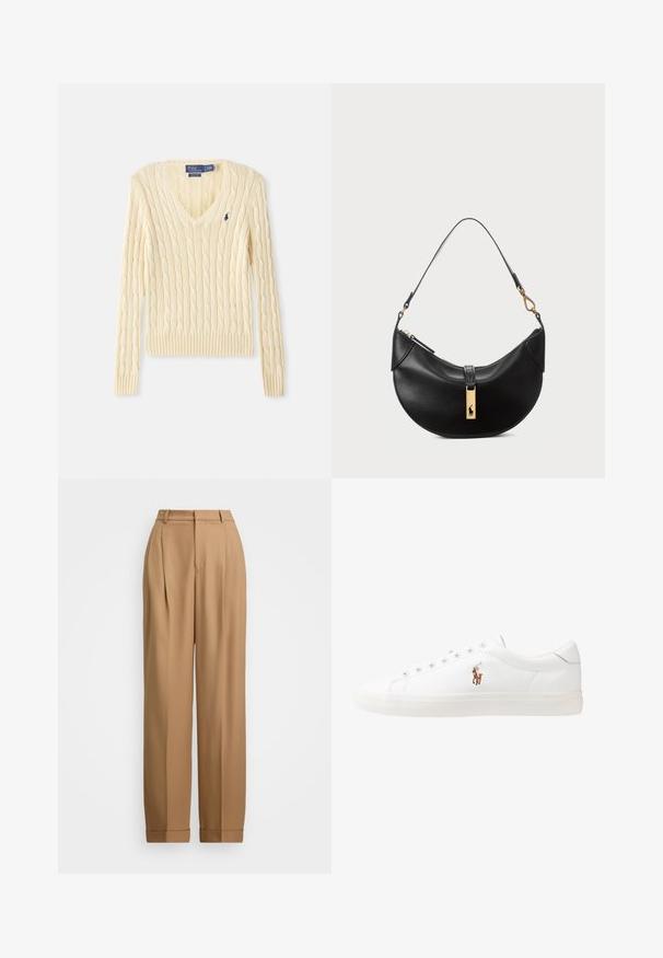 Sweter w splot kablowym w kolorze kremowym z dekoltem w kształcie V, ściągaczami przy mankietach i na dole. Posiada małe haftowane logo na lewej części piersi. Miękka faktura.; Jasnoniebieska koszula z długim rękawem, zapinana na guziki, z białym kontrastującym kołnierzykiem. Posiada gładką teksturę i pięć guzików z przodu.; Beżowe spodnie o dopasowanym kroju z wysokim stanem, plisowanym przodem, zwężanymi nogawkami i podwiniętymi mankietami. Gładki materiał o subtelnej fakturze.; Białe skórzane sneakersy, niskoprofilowy design, charakteryzujące się gładką fakturą, okrągłym noskiem, sznurowanym przodem i małym haftowanym logo z boku.; Czarna skórzana torebka w kształcie półksiężyca. Ma złote akcenty i wąski pasek. Gładka tekstura, zamek błyskawiczny na górze.