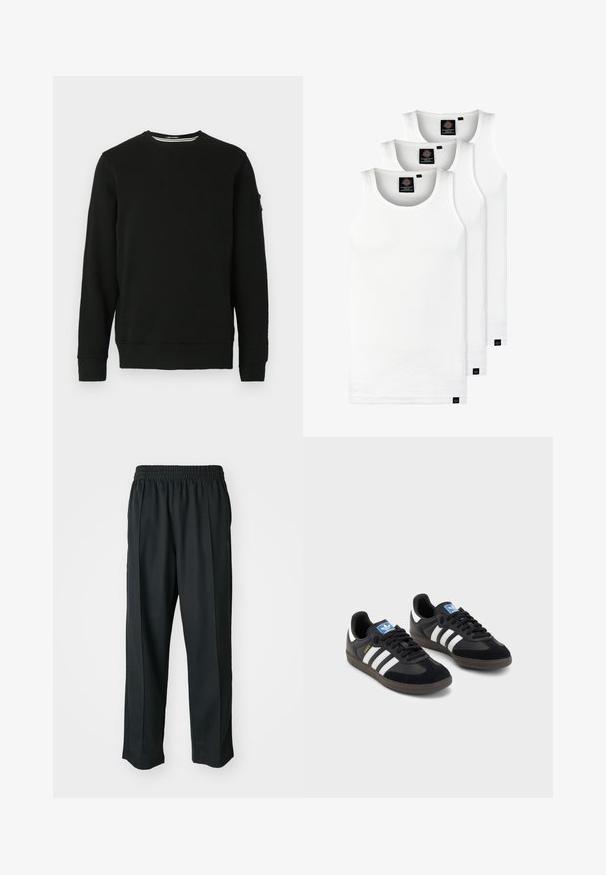 Felpa nera con collo a giro e maniche lunghe, polsini e orlo a costine. Tessuto morbido con etichetta sulla manica sinistra e design minimale.; Tre canotte bianche a coste in cotone. Presentano un colletto rotondo e piccole etichette nere vicino all'orlo. Disponibile in diverse taglie.; Pantaloni sportivi neri con vita elastica, realizzati in tessuto liscio, con cuciture laterali sottili e un fit rilassato, design a gamba dritta.; Sneakers neri con tomaia in suede e materiale sintetico, caratterizzati da tre strisce bianche, suola in gomma testurizzata e etichetta blu sul linguetta.