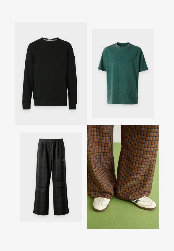 Black crewneck sweatshirt with long sleeves, ribbed cuffs, and hem. Soft fabric with a tag on the left sleeve and minimal design.; Dark green cotton t-shirt featuring a crew neck, short sleeves, and an embossed "adidas" logo across the chest in a matching texture.; Black plaid pants featuring an elastic waistband, two front pockets, and a loose fit with a straight leg design. Made from lightweight material.; Brown and blue plaid wide-leg trousers paired with white shoes featuring black accents and textured soles, set against a green background.