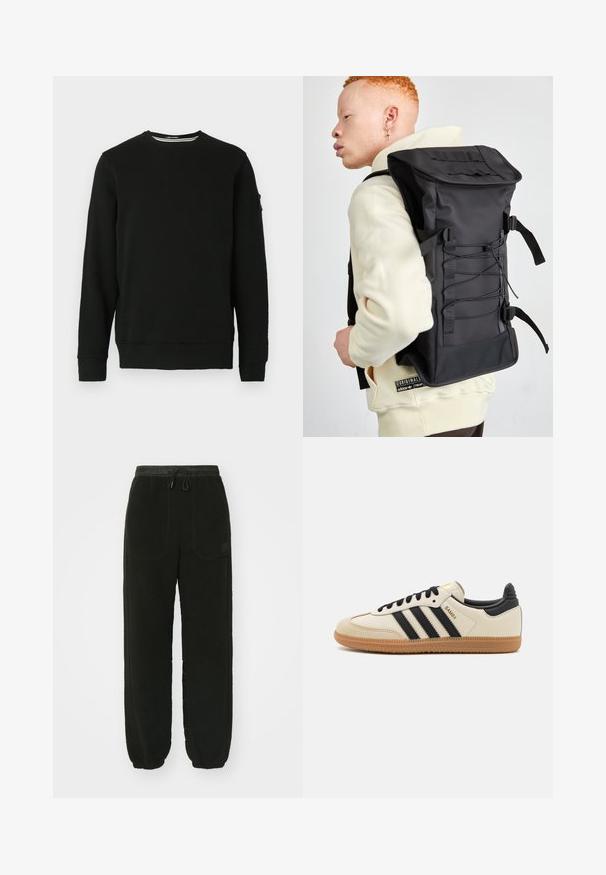 Mustansinine ümmarguse kaelusega särk pika varrukaga, soonikkäised ja -äär. Pehme kangas, kus vasakul varrukal on sildike ning minimaalne disain.; Mustmustud mustriided musta värviga, millel on elastne vöökoht ja nöör. Omab kahte esimest taskut ja kitsenevaid varreotsasid.; Bež spordijalats mustade triipudega, kummitallaga ja mustade aktsentidega. Omab siledat nahast pealist ja ümarat varba disaini.; Mustmust mustka, millel on vooluline disain, tekstuurne viimistlus, reguleeritavad rihmad ja elastsed esiköied lisaruumiks.