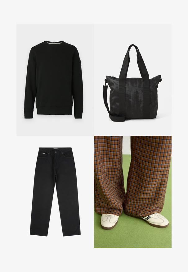 Juodas džemperis su apykakle, ilgomis rankovėmis, išpjautomis apykaklėmis ir apačia. Minkšta medžiaga, su etikete kairėje rankovėje ir minimalus dizainas.; Juodi tiesūs džinsai su priekiniais mygtukais ir užtrauktuku, diržo kilpos ir penkių kišenių dizainu, gulintys ant balto fono.; Rudos ir mėlynos langelinės plačios kelnės, derinamos su baltais batais su juodais akcentais ir tekstūruotais padais, prieš žalią foną.; Juodas pirkinių krepšys su tekstūruotu audiniu, dviem viršutinėmis rankenomis ir nuimamu petiniu diržu. Yra užtrauktuku uždaroma kišenė saugiam daiktų laikymui.